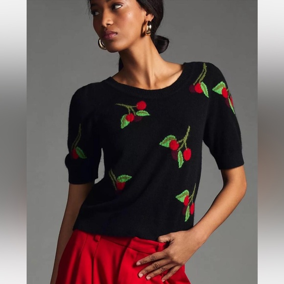 Anthropologie Sweaters - Anthropologie Maeve Puff-Sleeve Cashmere Jumper XS Black with Cherry Print